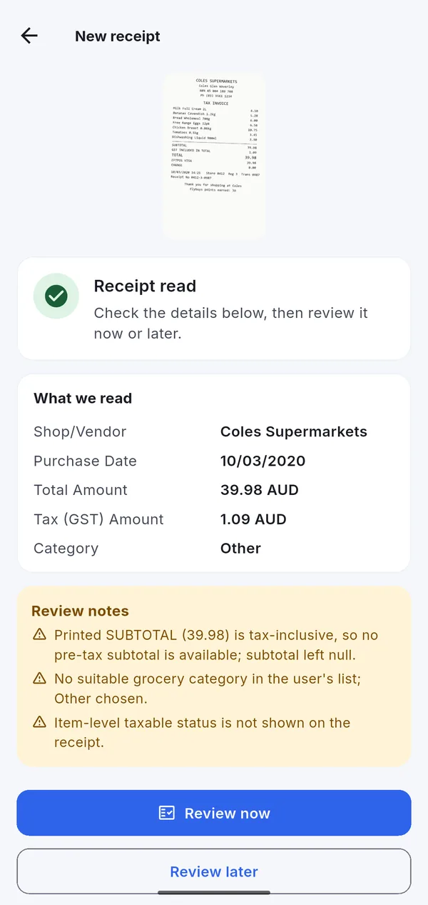 A Coles receipt read by AI: shop, date, total and GST filled in automatically, with review notes