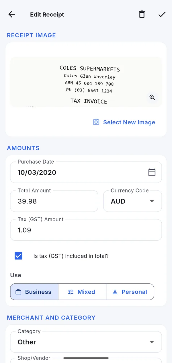 Edit receipt form with the receipt image, amounts, GST and business or personal use