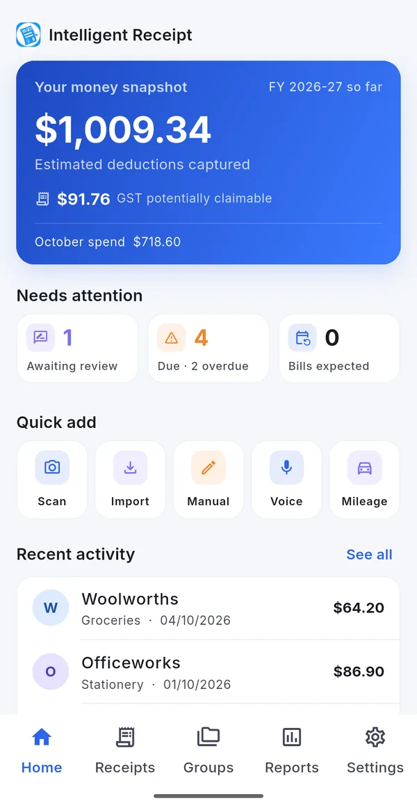 Intelligent Receipt home screen showing deductions captured this financial year, GST you may claim, bills due and quick add buttons