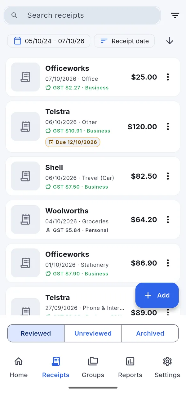 Receipt list with merchants, dates, categories, GST and business use