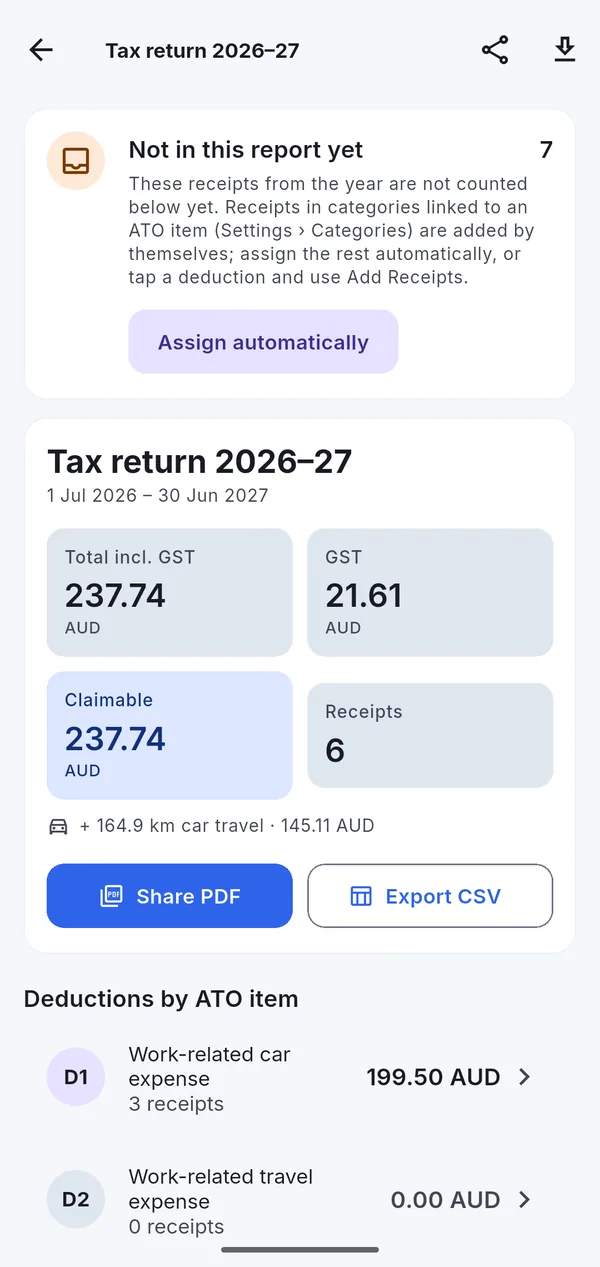 Tax return 2026–27 report with deductions grouped by ATO items D1 to D10